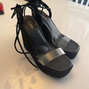 ALDO Black Platform Sandals with Clear Toe Strap and Lace-Up Ties